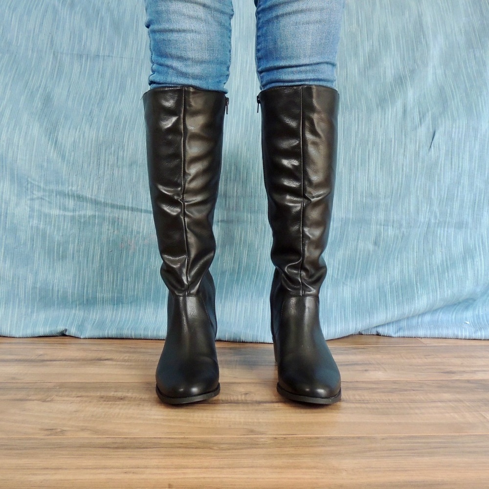 Black Faux Fur Low Heel Boots with Full Side Zip - Picture 10 of 11